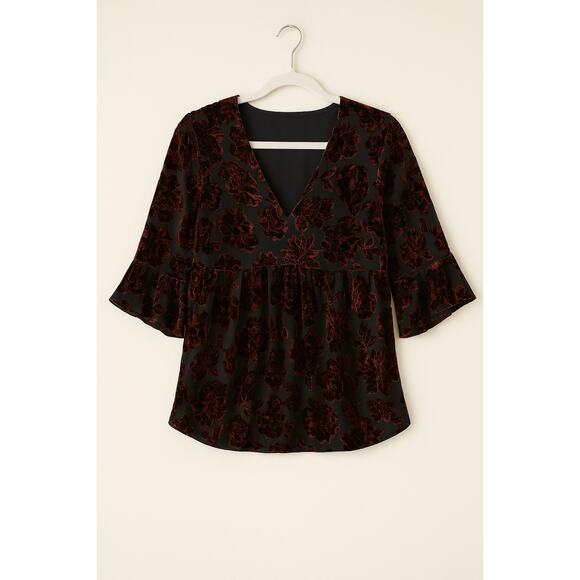 Dressbarn XL Burgundy Velvet Floral Blouse 3/4 Ruffle Sleeve V-Neck Top - Picture 2 of 6